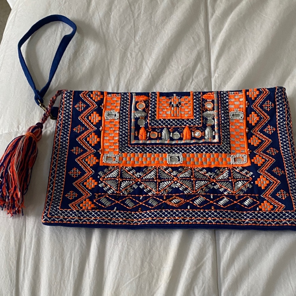 Street Level Blue and Orange Embroidered Clutch